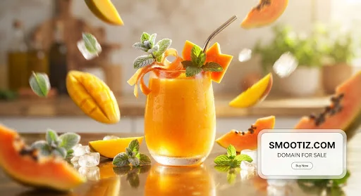 Vibrant tropical smoothie glass filled with fresh papaya, mango, and mint sprigs on a warm sunlight kitchen counter