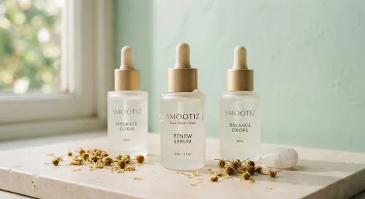 High-end skincare glass bottles with silky serum droplets against a calm pastel cream and soft mint backdrop