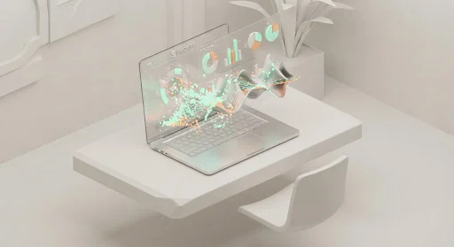 Ultra sleek modern fintech and software dashboard on laptop screen showing fluid transaction visualisations